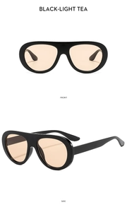 Vues de face et de côté de lunettes de soleil ovales noires avec verres thé clair
