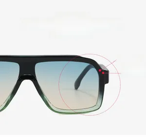 Detail of square pilot sunglasses featuring blue-yellow gradient lenses and black frames