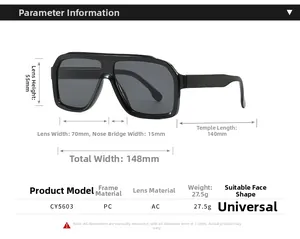 Detailed size chart for retro pilot sunglasses showing lens width and frame dimensions
