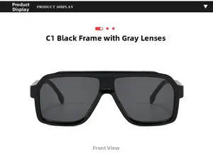 Front view detail of vintage pilot sunglasses with black frame and grey lenses
