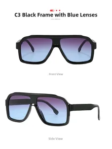 Detail view of retro oversized square sunglasses with black frame and blue-purple gradient lenses