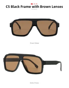 Front and side views of large square aviator sunglasses with black frames and tea lenses
