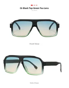 Detail of square pilot sunglasses with dual-bridge frame and gradient green tea lenses