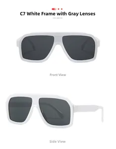 Close-up of retro white square pilot sunglasses with grey lenses in C7 style