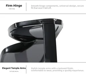 Detail of square pilot sunglasses showing a firm metal hinge and textured black temples