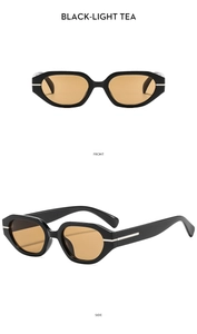 Vues de face et de profil de lunettes de soleil ovales noires avec verres thé clair et argent