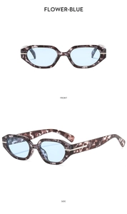 Vues avant et latérale de lunettes de soleil vintage à fleurs bleues avec verres bleus