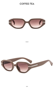 Vues de face et de côté de lunettes de soleil géométriques café-thé avec détails en métal