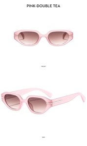 Vue détaillée des lunettes de soleil ovales roses avec verres dégradés et ornements