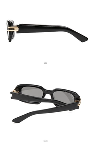 Detailansicht von Seite und Rückseite der schwarzen quadratischen Sonnenbrille mit Golddekor