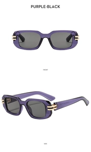 Vorder- und Seitenansicht lila transparenter quadratischer Sonnenbrille mit Goldgelenken