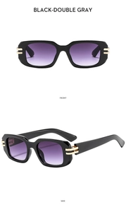 Vorder- und Seitenansicht der schwarzen rechteckigen Sonnenbrille mit lila Verlaufsgläsern
