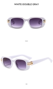 Front- und Seitenansicht der weißen quadratischen Sonnenbrille mit lila Verlaufsgläsern
