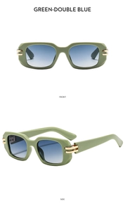 Vorder- und Seitenansicht der olivgrünen eckigen Sonnenbrille mit blauem Verlauf