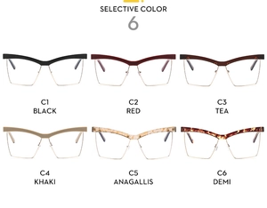 Opzioni di colore dettagliate per montature semicerchio cat-eye in sei tonalità trendy