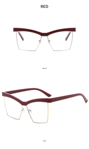 Dettagli frontali e laterali di occhiali cat-eye semi-rimless in rosso e oro