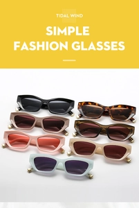 Detailed grid of geometric cat eye sunglasses in seven trendy translucent jelly colors