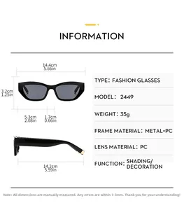 Detailed dimensions of cat-eye sunglasses with frame height and width specifications