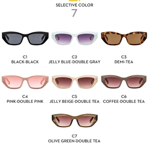 Cat eye sunglasses detail chart showing seven trendy jelly color frame and lens variations