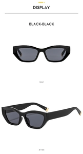 Detailed front and 45 degree side view of stylish black cat eye sunglasses with gold accents