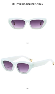 Detailed front and side views of jelly blue fashion sunglasses with double gray lenses