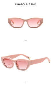Detailed front and side views of pink polygon sunglasses with gradient lenses