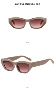 Detailed front and side view of retro cat-eye sunglasses in coffee jelly finish