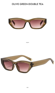 Front and side view of olive green cat-eye sunglasses with gradient tea lenses and metal hinges