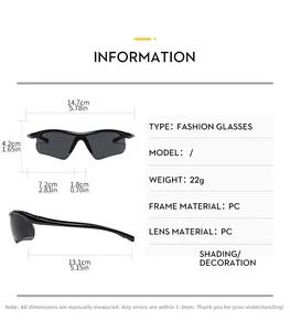 Detailed size chart of black sports sunglasses with precise measurements and PC frame specs