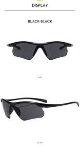 Front and side views of black cyberpunk-style sports goggles for skiing and hiking