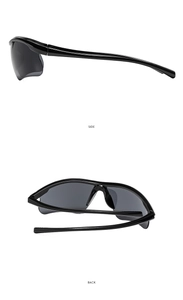 Side and back views of sporty black wrap-around sunglasses with dark grey lenses