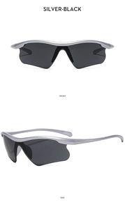 Front and side views of silver streamlined sports sunglasses with black polarized lenses