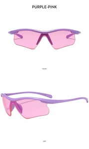 Dual view of purple-pink sports goggles showing front and side aerodynamic frames