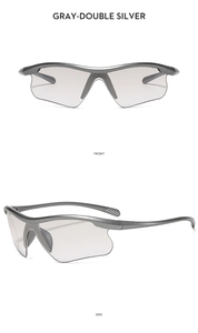 Detail view of gray semi-rimless sport sunglasses with double silver lenses and non-slip arms