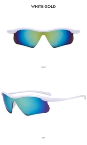 Front and side views of white sports goggles with gradient polarized lenses for cycling