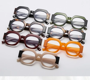 Detailed top view of thick geometric eyeglass frames in seven trendy retro colors