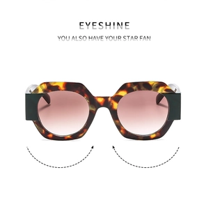 Detail view of tortoiseshell polygonal sunglasses frame with gradient brown lenses