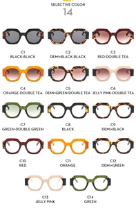 Grid display of 14 color options for polygonal retro sunglasses and anti-blue light glasses