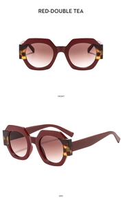 Front and side views of polygon sunglasses with red double tea gradient lenses