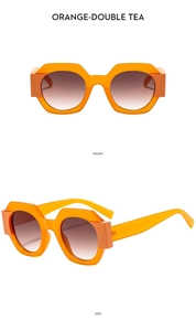 Front and side views of orange geometric sunglasses with gradient tea lenses and thick frames