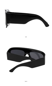 Seiten- und Rückansicht der großen quadratischen Sonnenbrille mit schwarzem Hochglanzrahmen