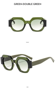 Detail of polygonal geometric sunglasses in semi-transparent green with side and front view