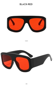 Vorder- und Seitenansicht der Oversize-Flat-Top-Sonnenbrille mit schwarzen Rahmen und roten Gläsern
