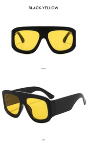Detailansicht der quadratischen schwarzen Sonnenbrille mit gelben Gläsern, Front- und Seitenansicht