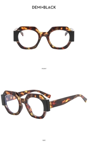 Front and side views of polygon tortoise shell and black block frame glasses