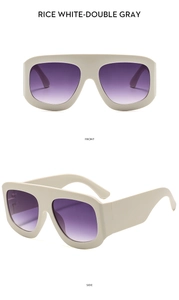 Vorder- und Seitenansicht der eckigen Oversize-Sonnenbrille in Cremeweiß mit Verlaufsgläsern