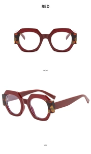 Front and side views of red polygonal vintage sunglasses with tortoiseshell accents