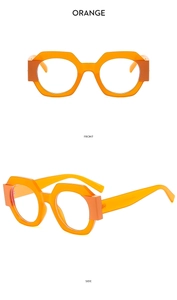 Detailed front and side view of orange geometric hexagonal glasses frames in high polish