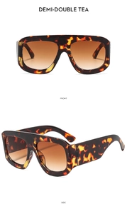 Detaillierte Vorder- und Seitenansicht der klobigen quadratischen Sonnenbrille in Schildpatt