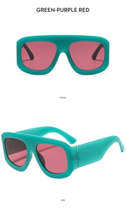 Vorder- und Seitenansicht der klobigen grünen quadratischen Sonnenbrille mit Gläsern